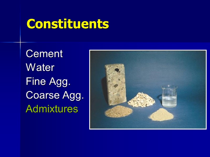 Cement  Water    Fine Agg.  Coarse Agg.  Admixtures Constituents